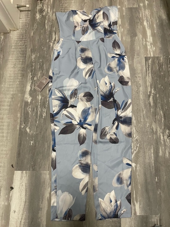 le chateau Pants - le chateau Strapless Floral Wide-Leg Jumpsuit in Light Blue and Navy